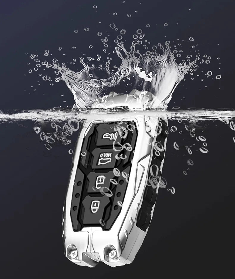 A protective key fob cover is shown splashing water, highlighting its design and features.