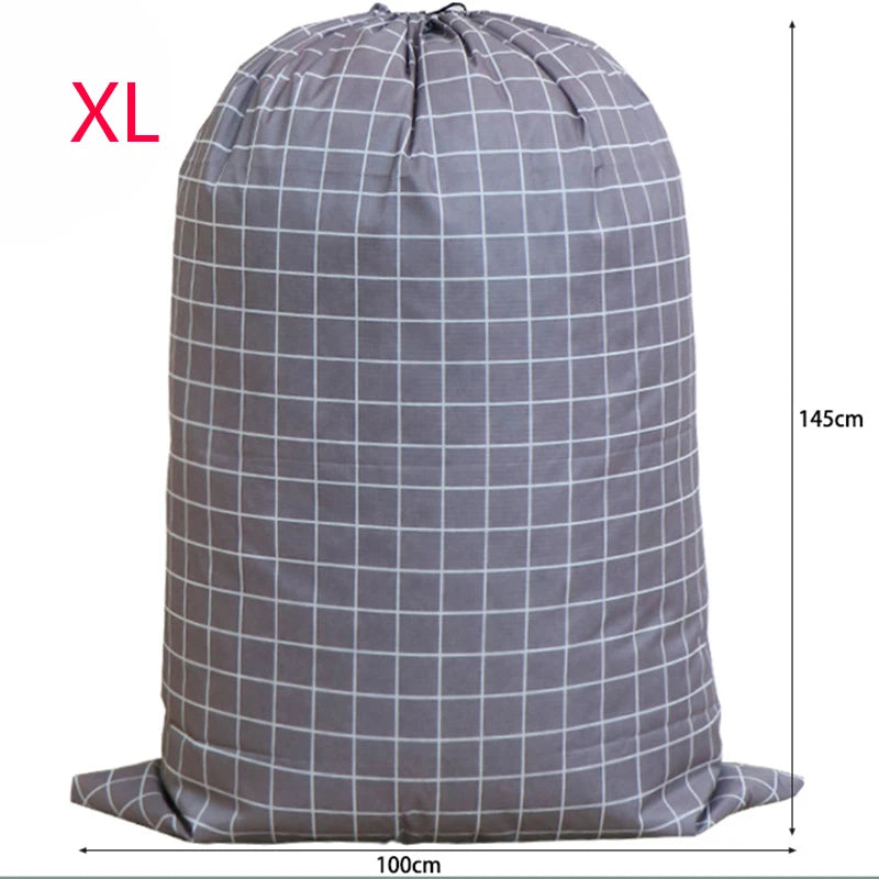 Large capacity XL drawstring laundry bag in gray checkered fabric with a grid pattern