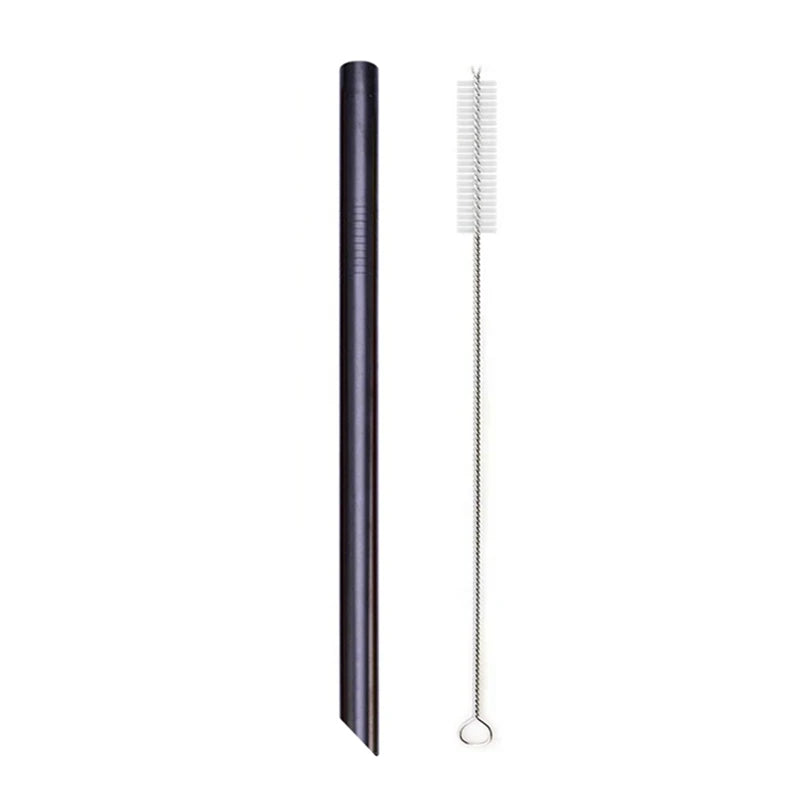 A reusable 304 stainless steel drinking straw with a cleaning brush.