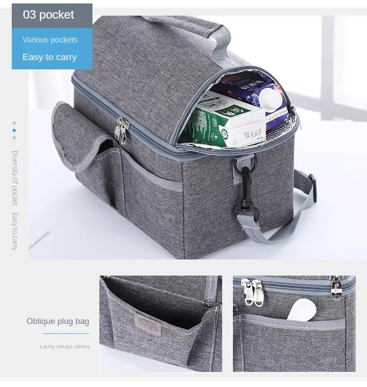 A gray insulated lunch bag with an open pocket showing various items and a separate oblique plug bag.
