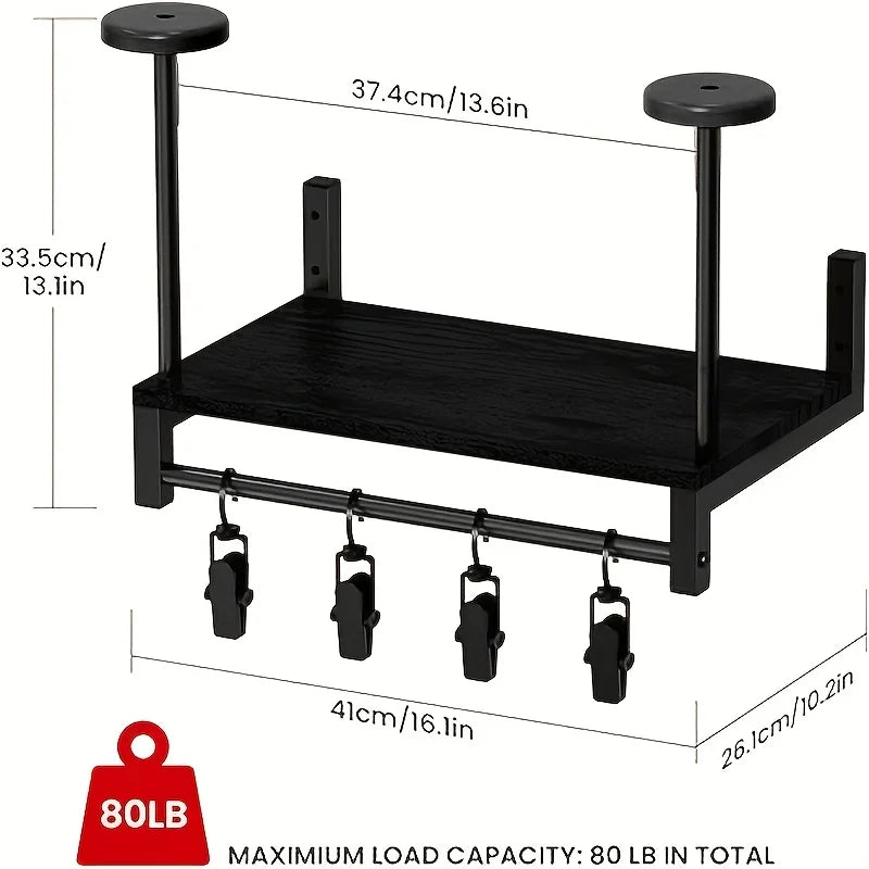 Black motorcycle helmet wall mount featuring a wooden shelf and capacity for 80 lb total load.