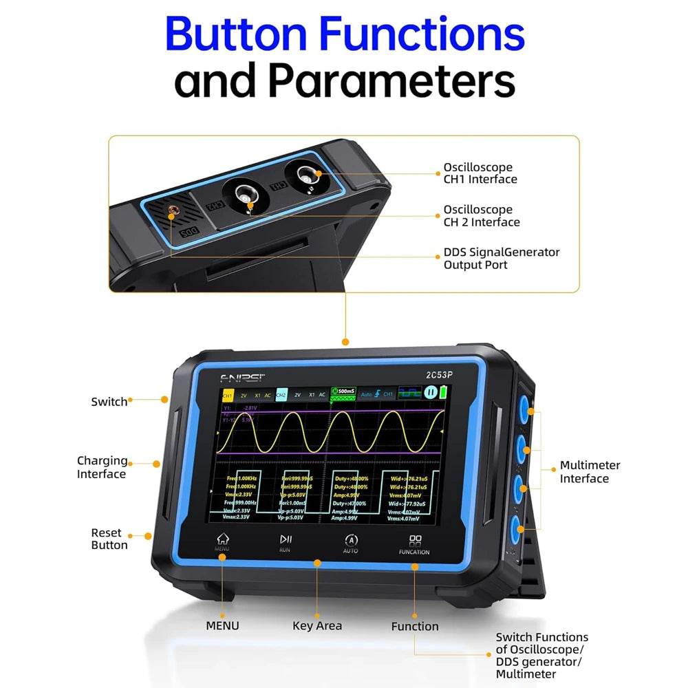 3-in-1 Handheld Oscilloscope, Multimeter, and Signal Generator with Touchscreen