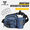 A blue waterproof sports fanny pack with a bottle holder and adjustable straps is shown.
