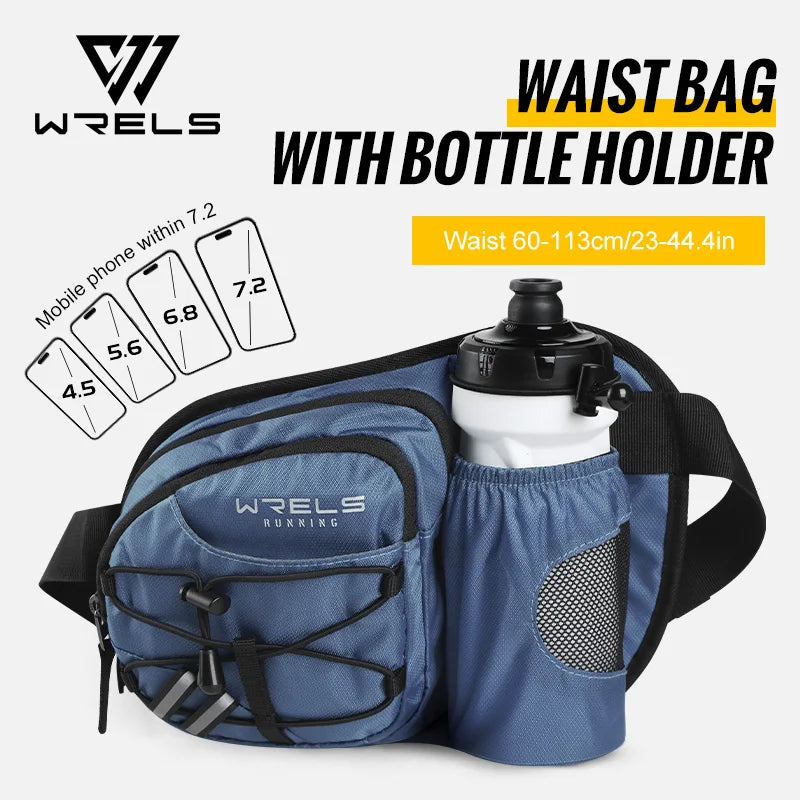 A blue waterproof sports fanny pack with a bottle holder and adjustable straps is shown.