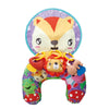A colorful high contrast tummy time pillow featuring a fox face and bear paws for babies.