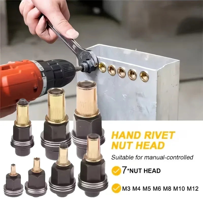 A set of seven hand rivet nut heads with mandrels for manual-controlled riveting tools.