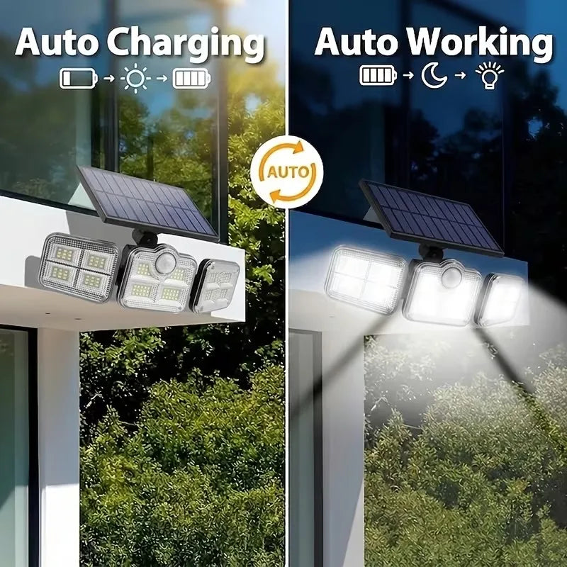 Solar flood light mounted on a building, demonstrating auto charging and auto working features.