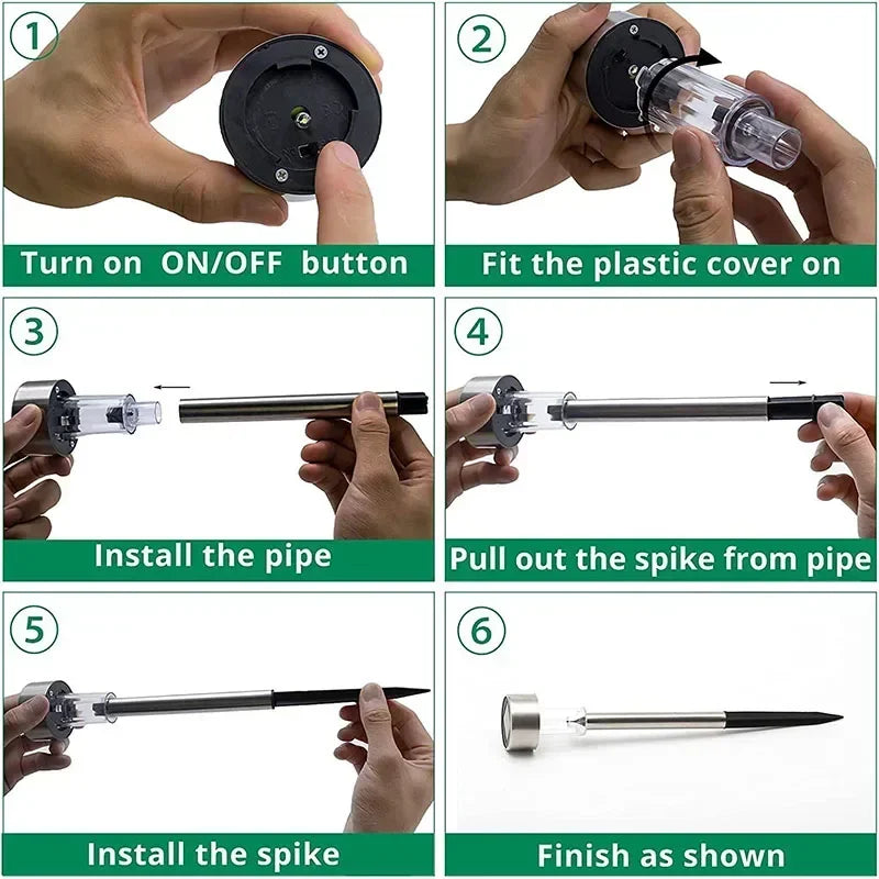 Step-by-step instructions showing how to install a pipe, fit a plastic cover, and install a spike for solar garden path light