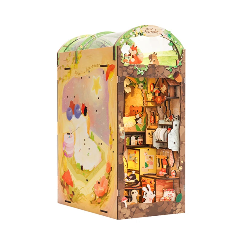 A wooden DIY book nook kit featuring a detailed miniature bookstore scene with LED lighting and decorative elements.
