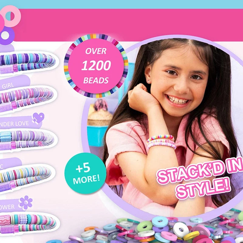 A smiling girl wearing a pink shirt holds up a stack of colorful friendship bracelets and beads.