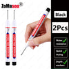 Black long marker pen with a fine tip shown next to its packaging and features