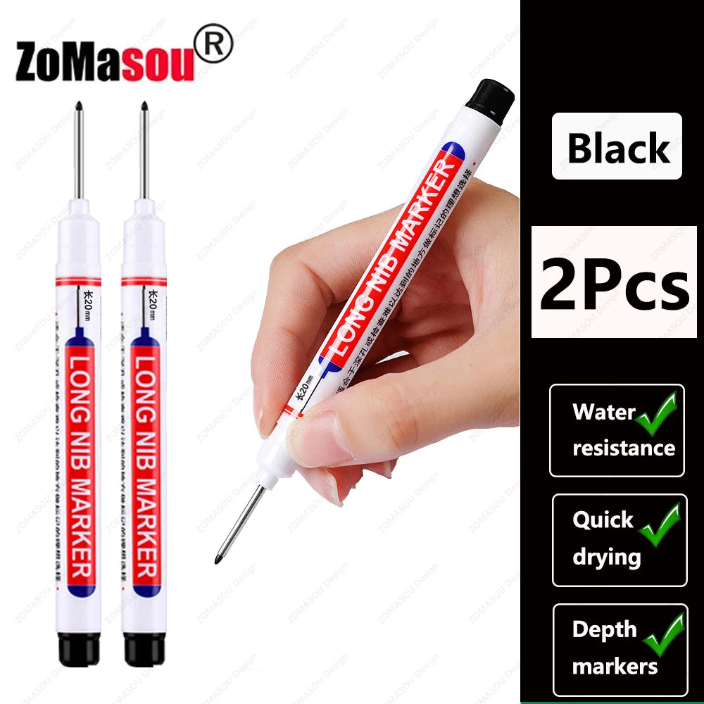 Black long marker pen with a fine tip shown next to its packaging and features