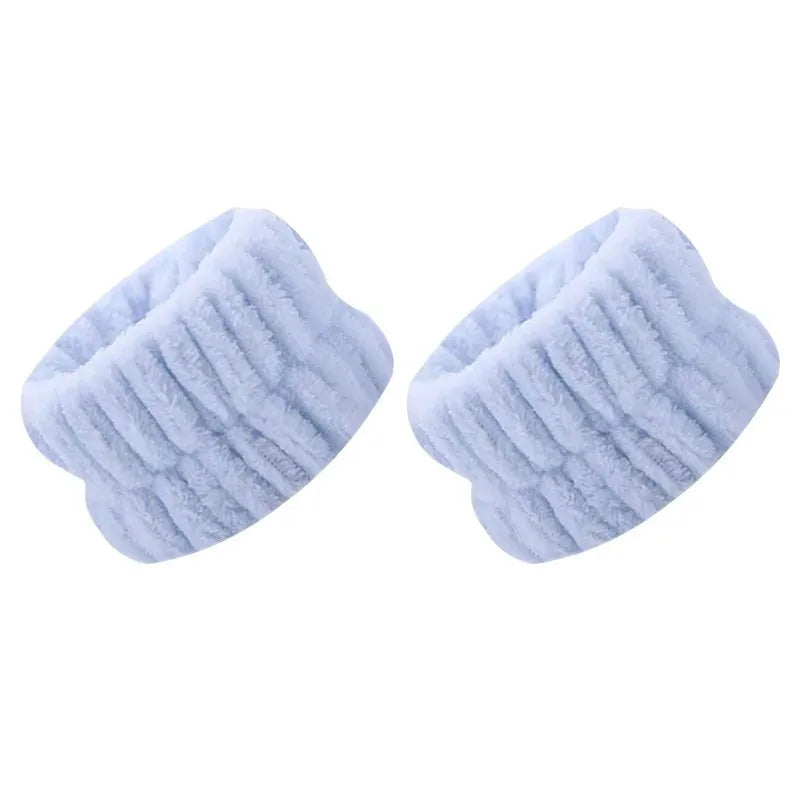 Pair of light blue absorbent microfiber wrist washing bands or face-saving cuffs
