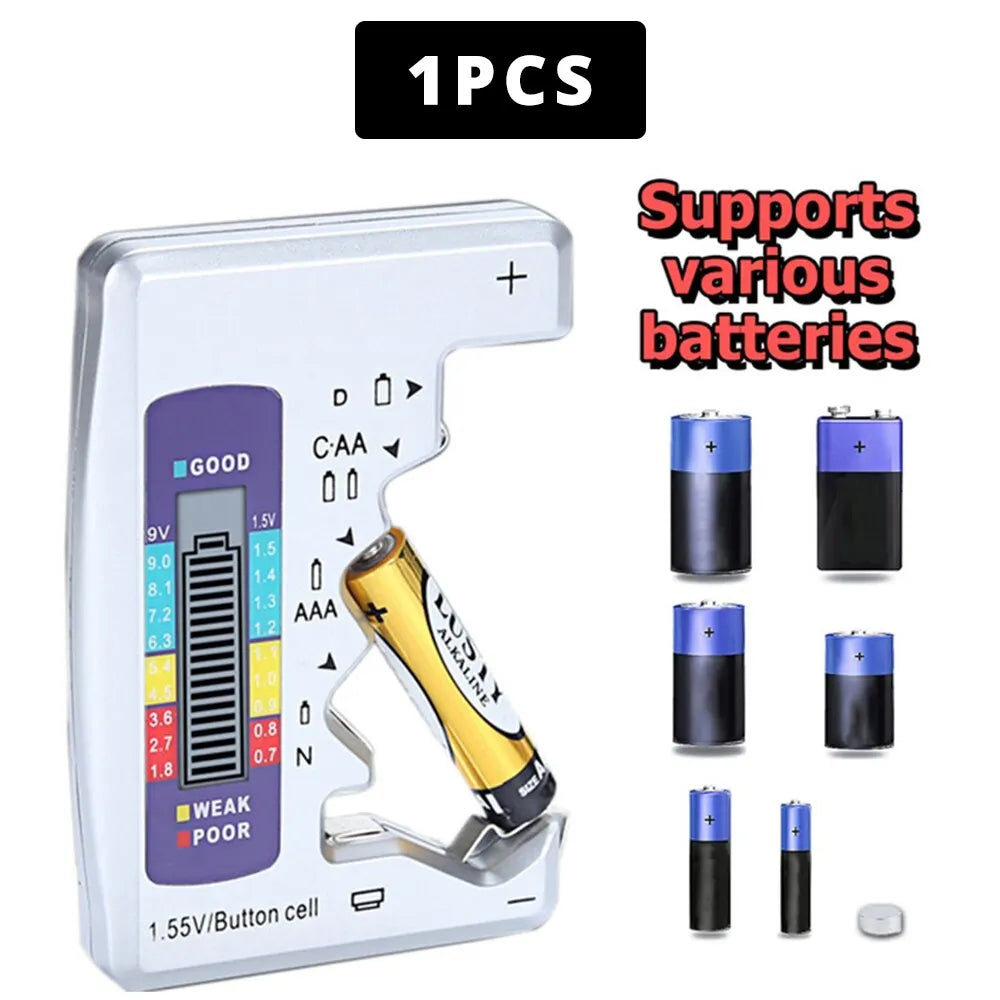 A silver digital battery tester device showing a battery and various batteries for testing.