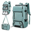A teal travel backpack featuring an integrated shoe compartment and laptop sleeve.