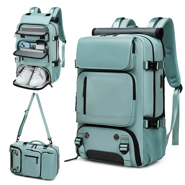 A teal travel backpack featuring an integrated shoe compartment and laptop sleeve.