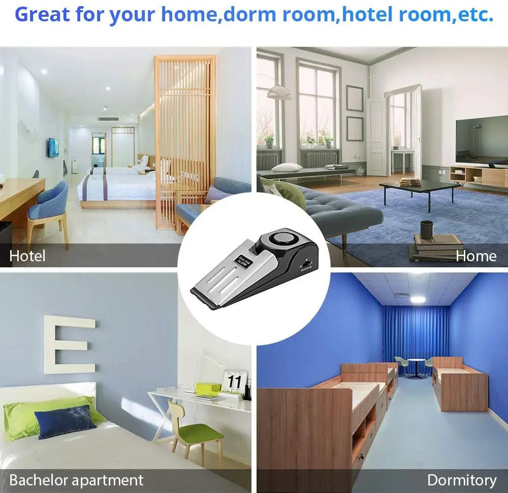 Portable door stopper alarm with wedge design used for securing doors in various rooms.