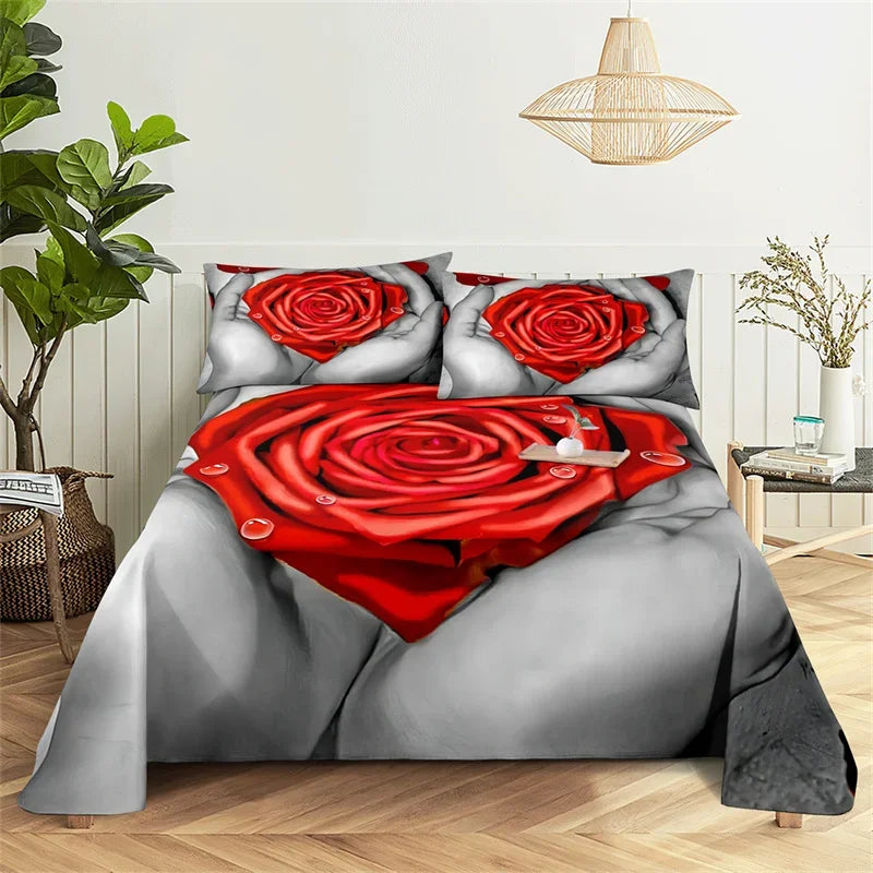 A close-up of a red rose pattern digital print bedding set featuring realistic roses on a gray background.