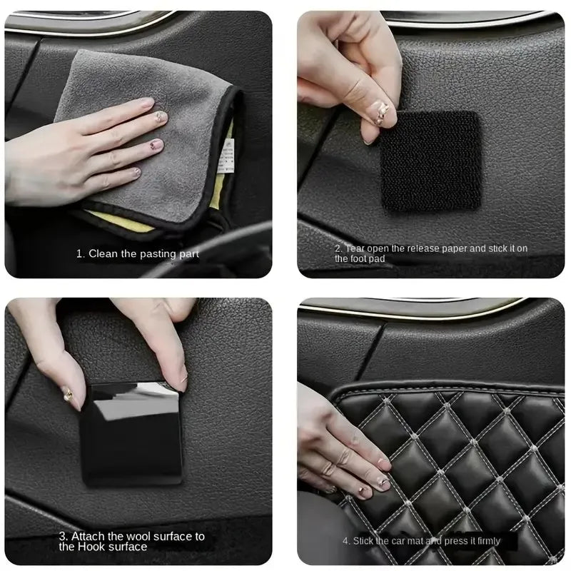 Step-by-step instructions showing how to attach a wool surface to a hook surface for car mats using self-adhesive tape