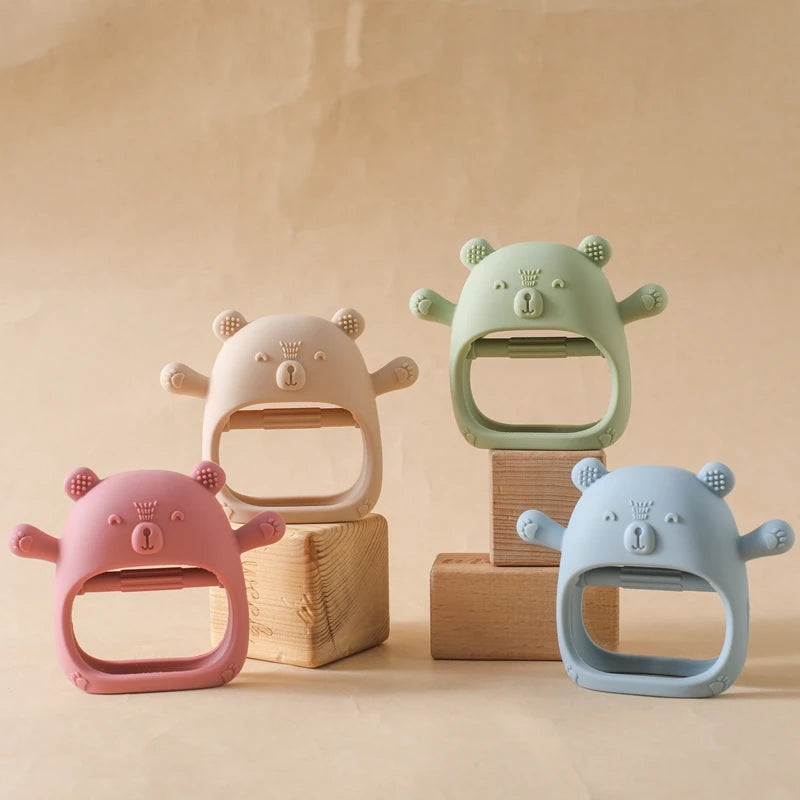 Baby Teething Gloves with Cartoon Bear Design