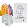 A white hanging vacuum storage bag shows a folded jacket and sweater, with various clothing items displayed on hangers.