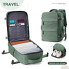 A olive green nylon travel backpack shown open, displaying multiple compartments and separate shoe storage.