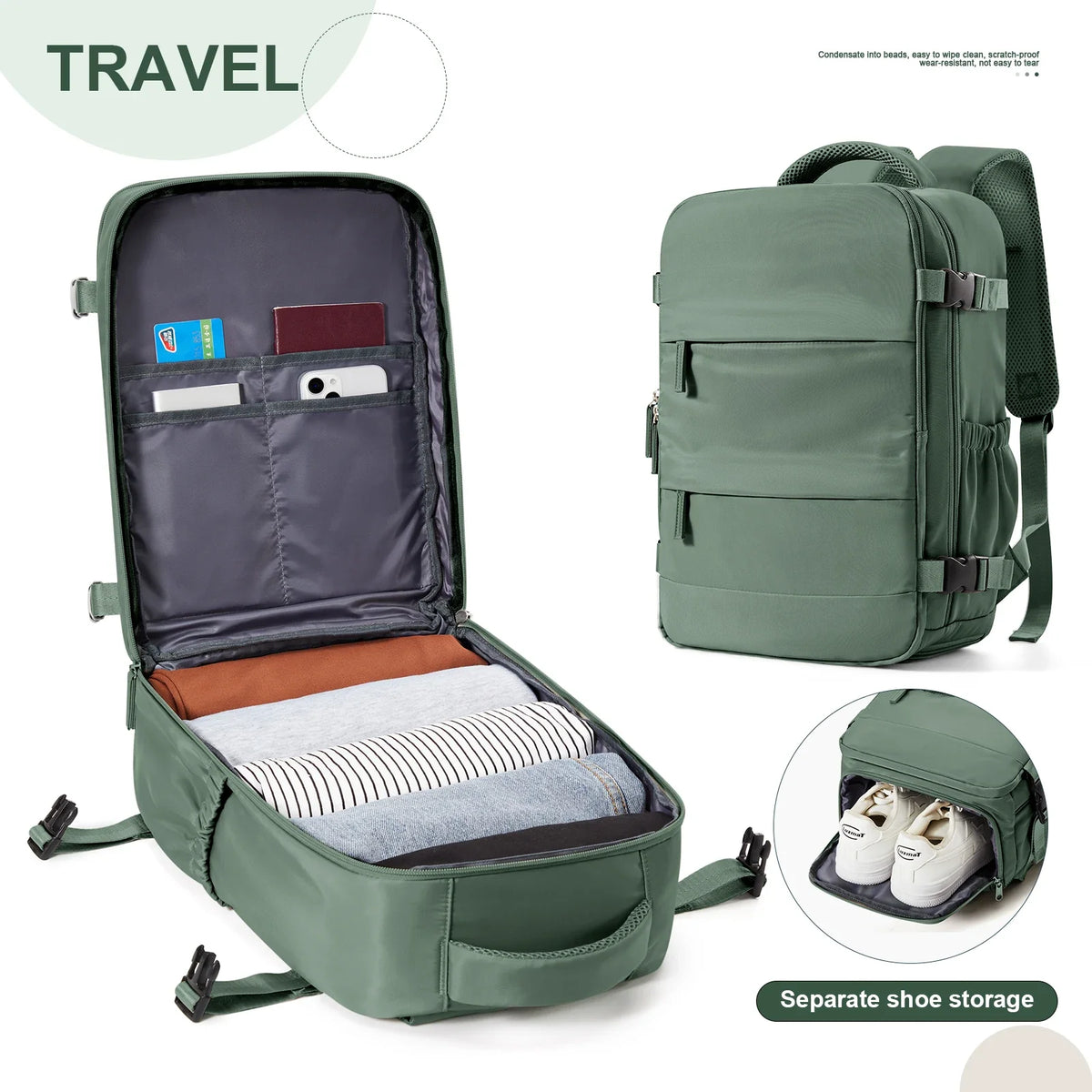 A olive green nylon travel backpack shown open, displaying multiple compartments and separate shoe storage.