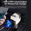 A white dual output charger for iPhone featuring USB and Type-C ports, shown in a car charging context.