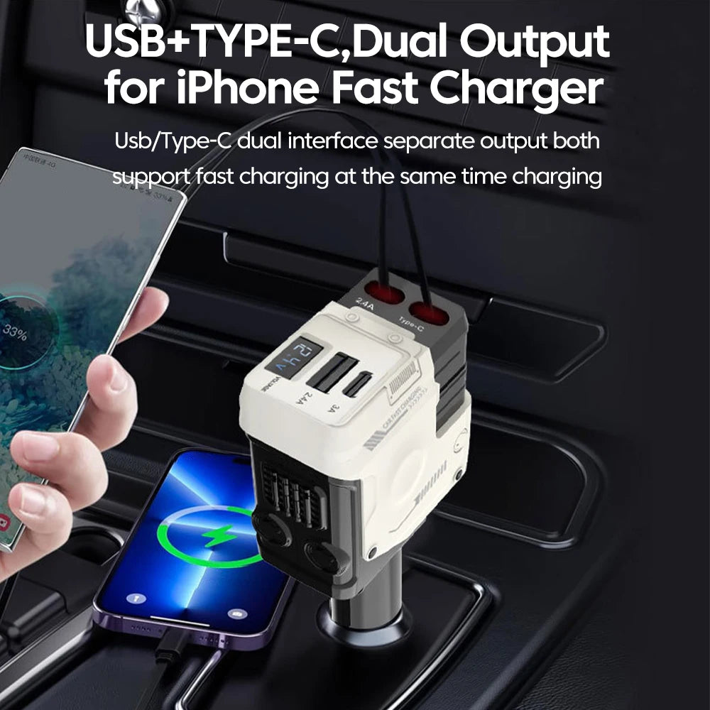 A white dual output charger for iPhone featuring USB and Type-C ports, shown in a car charging context.
