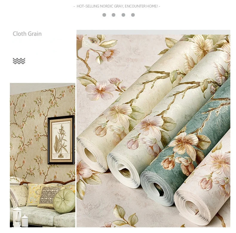 Roll of 3D embossed floral self-adhesive wallpaper in soft gray and green tones