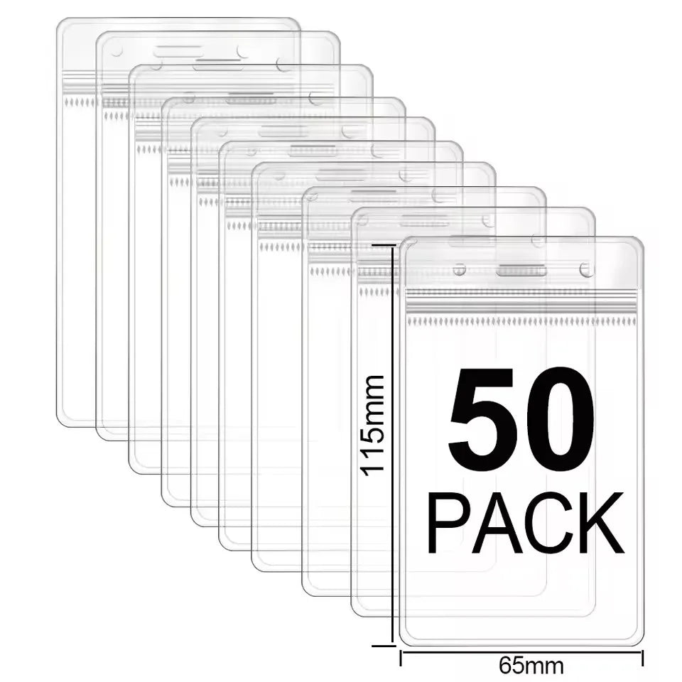 A stack of fifty clear waterproof ID card holders with lanyard slots shown in a row.