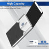 A black card holder with a textured surface and a silver accent, designed for storing business cards.