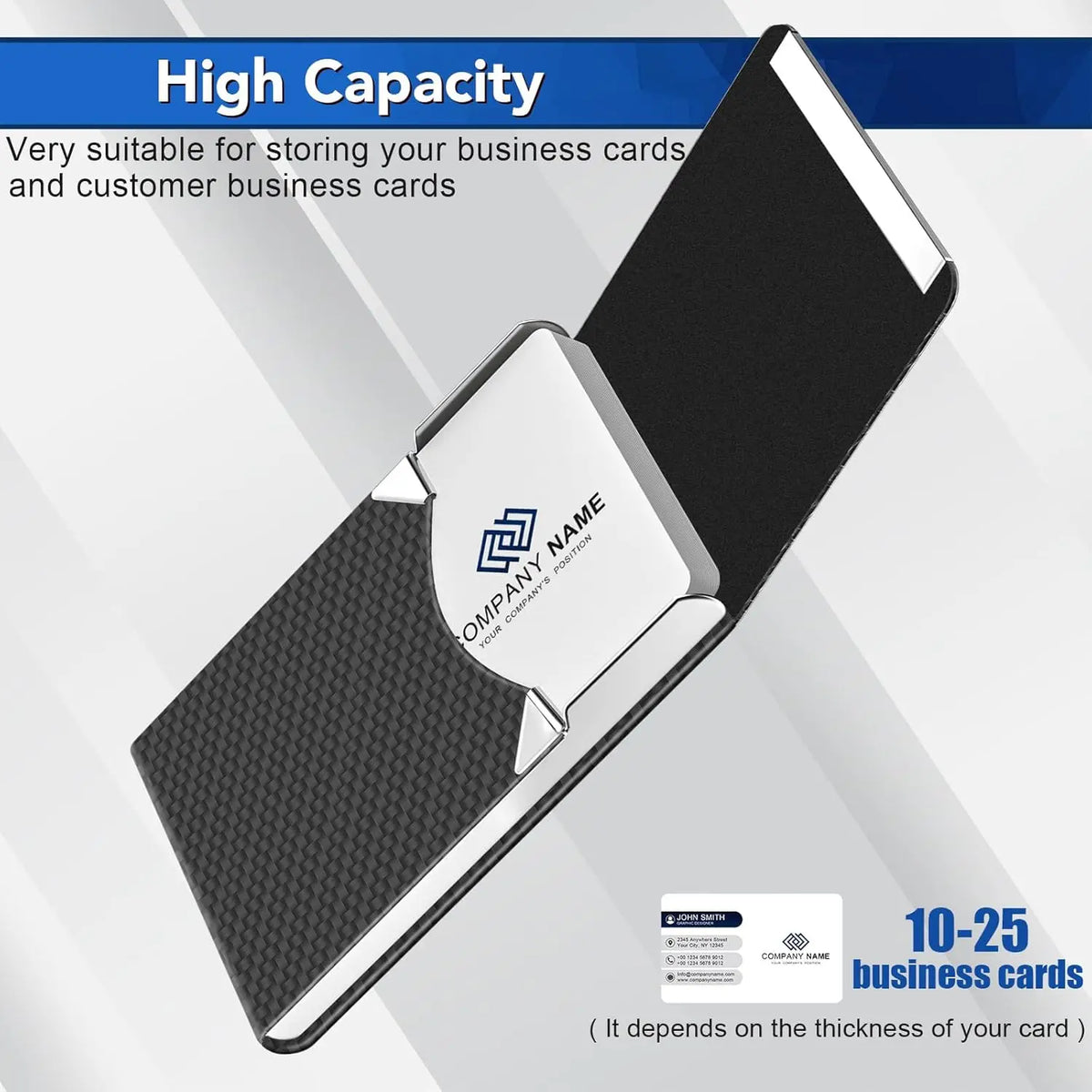 A black card holder with a textured surface and a silver accent, designed for storing business cards.