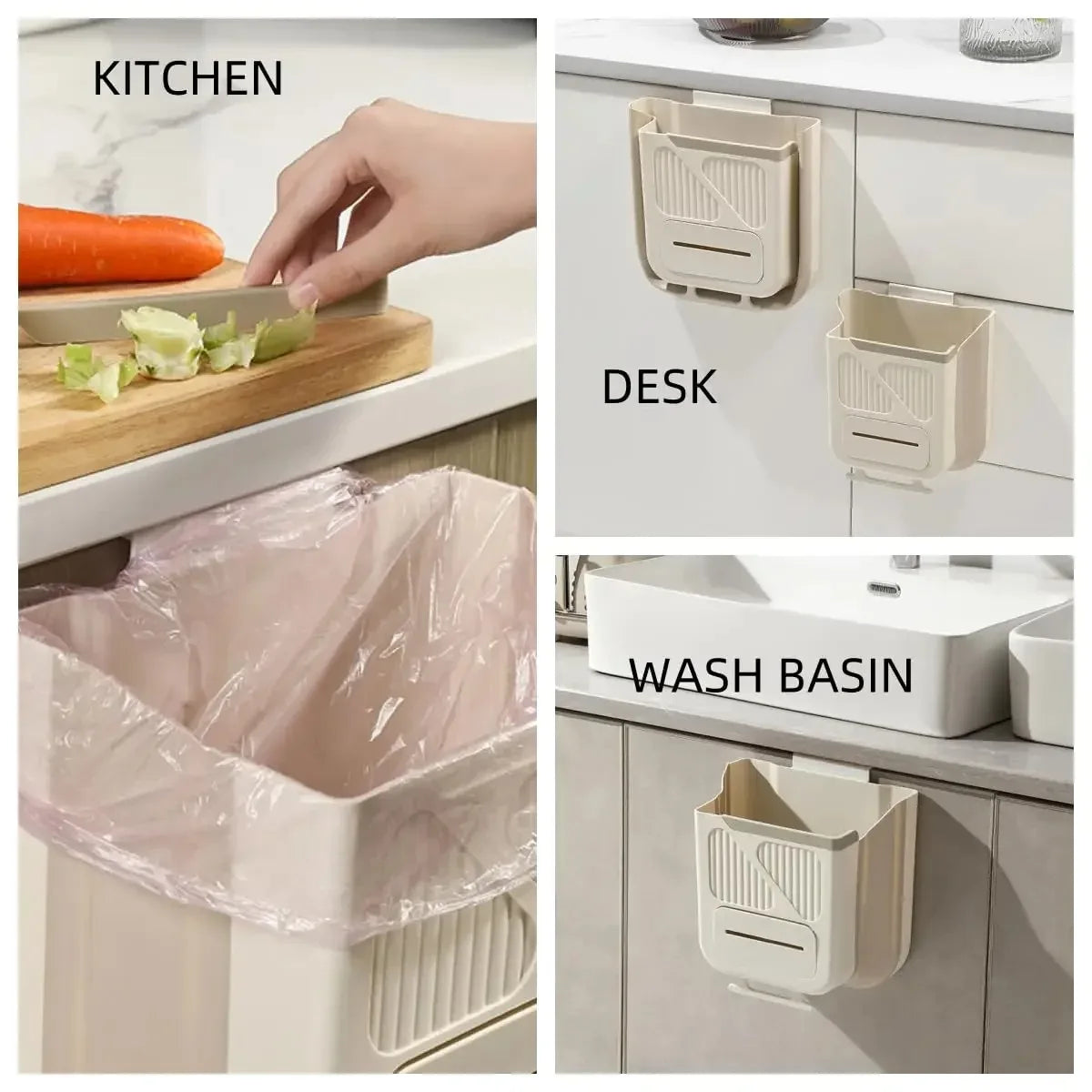 A set of foldable hanging trash cans in beige and pink are shown in kitchen, desk, and wash basin contexts.
