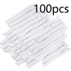 A pile of 100 disposable white broom covers for dust and hair removal.