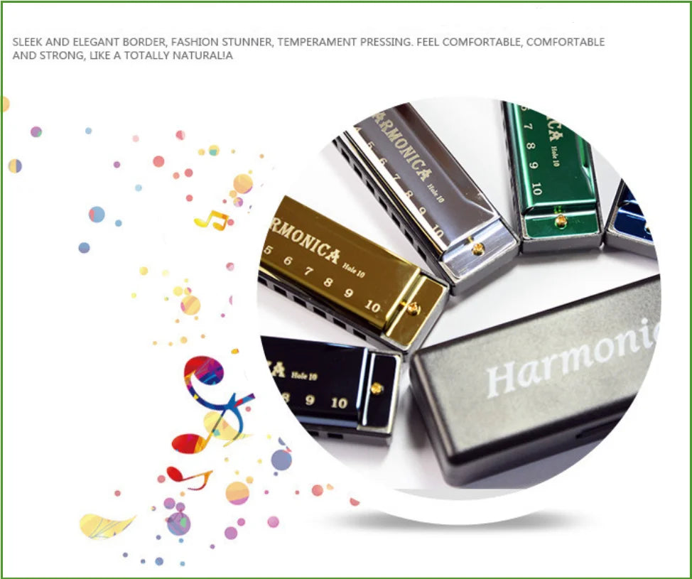 A collection of 10-hole diatonic harmonicas in C, including a harmonica and its protective case.
