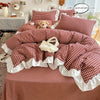 Red and Black Plaid Duvet Cover Set with Lace Embroidery