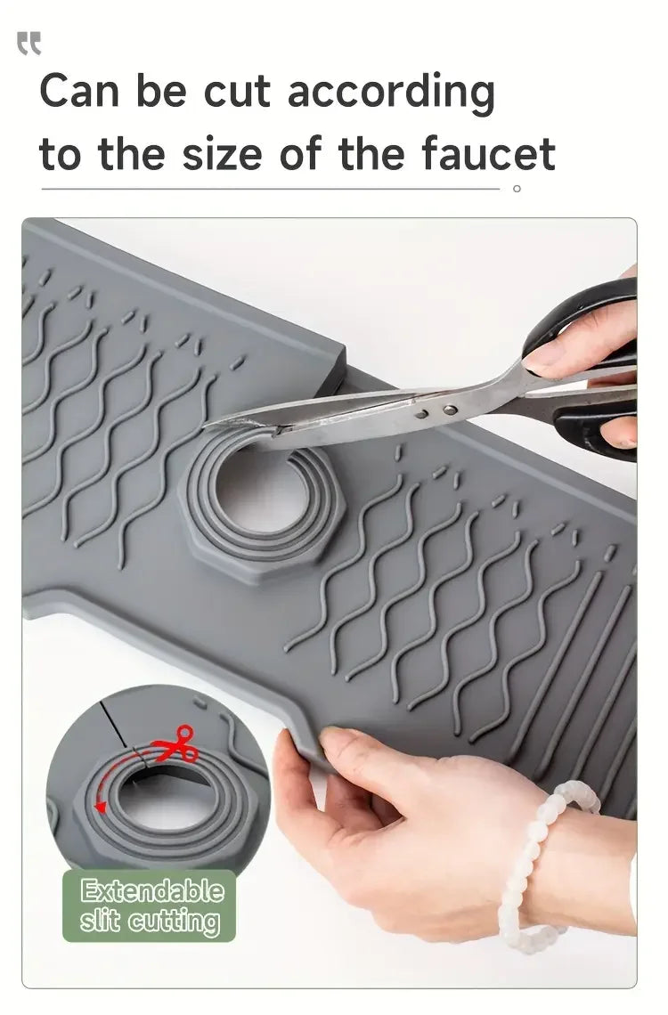 A hand cuts a silicone kitchen sink mat according to the size of the faucet using extendable slit cutting tool.