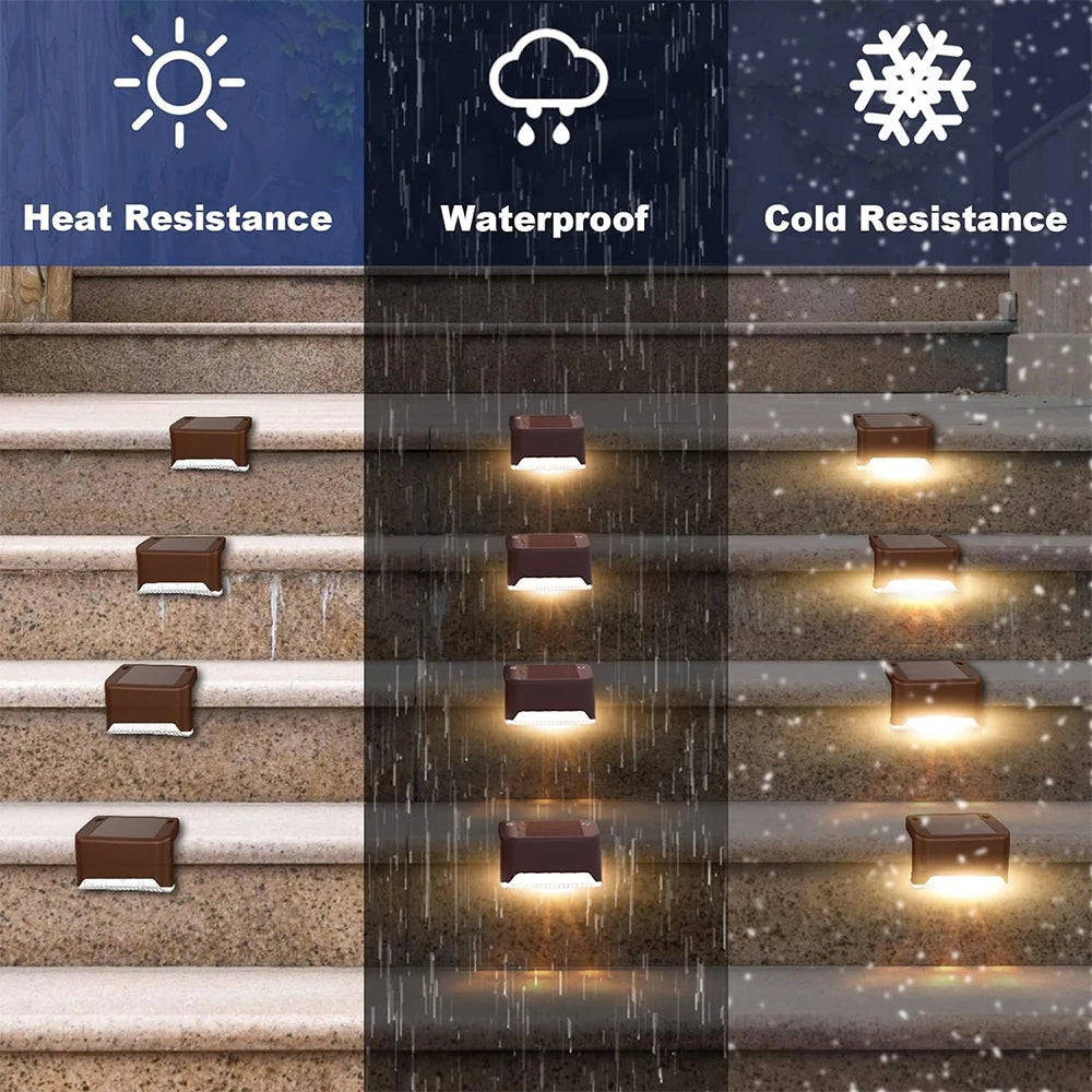 A set of solar powered LED step lights illuminating outdoor stairs and paths, demonstrating heat, waterproof, and cold resist