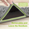 A close-up of a reusable non-slip rug gripper designed for corners, showing its triangular shape and textured surface.