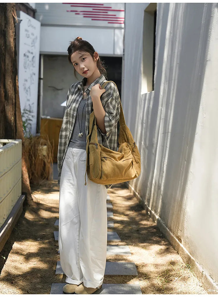 Cotton Canvas Crossbody Bag with Large Capacity