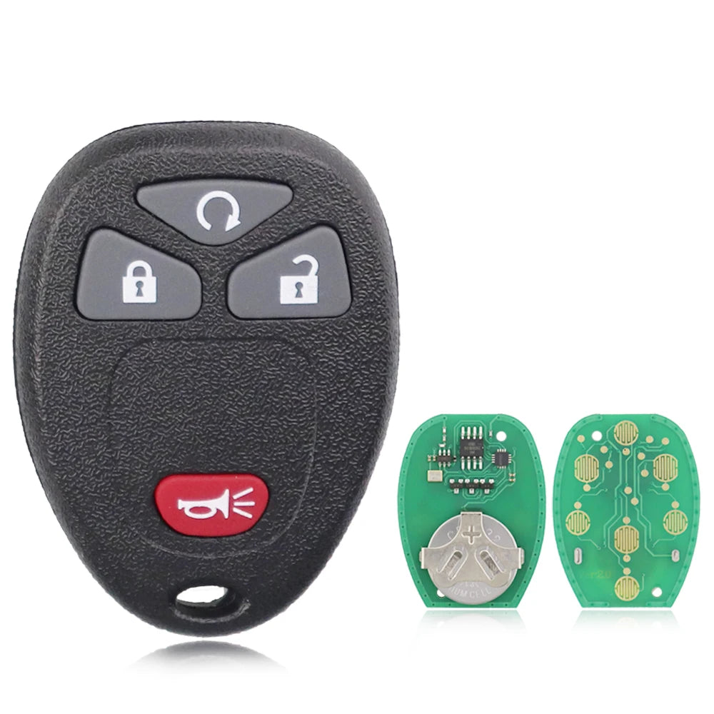 A black replacement remote key fob with buttons and a red key blade, shown next to its circuit board components.