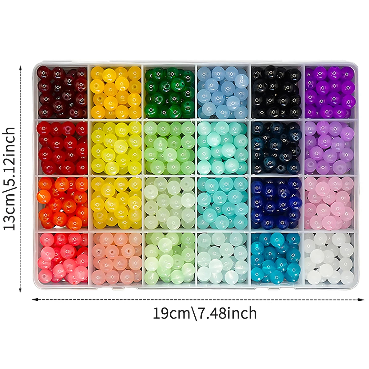 Plateau en plastique contenant des perles de verre de 8mm de différentes couleurs pour fabriquer des bracelets.
