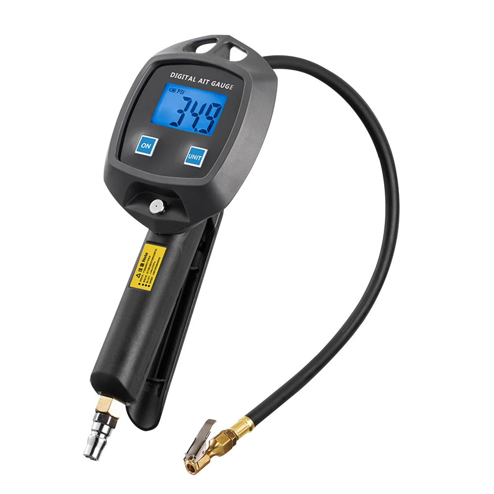 A black digital air pressure gauge with an LCD display and inflation gun hose.