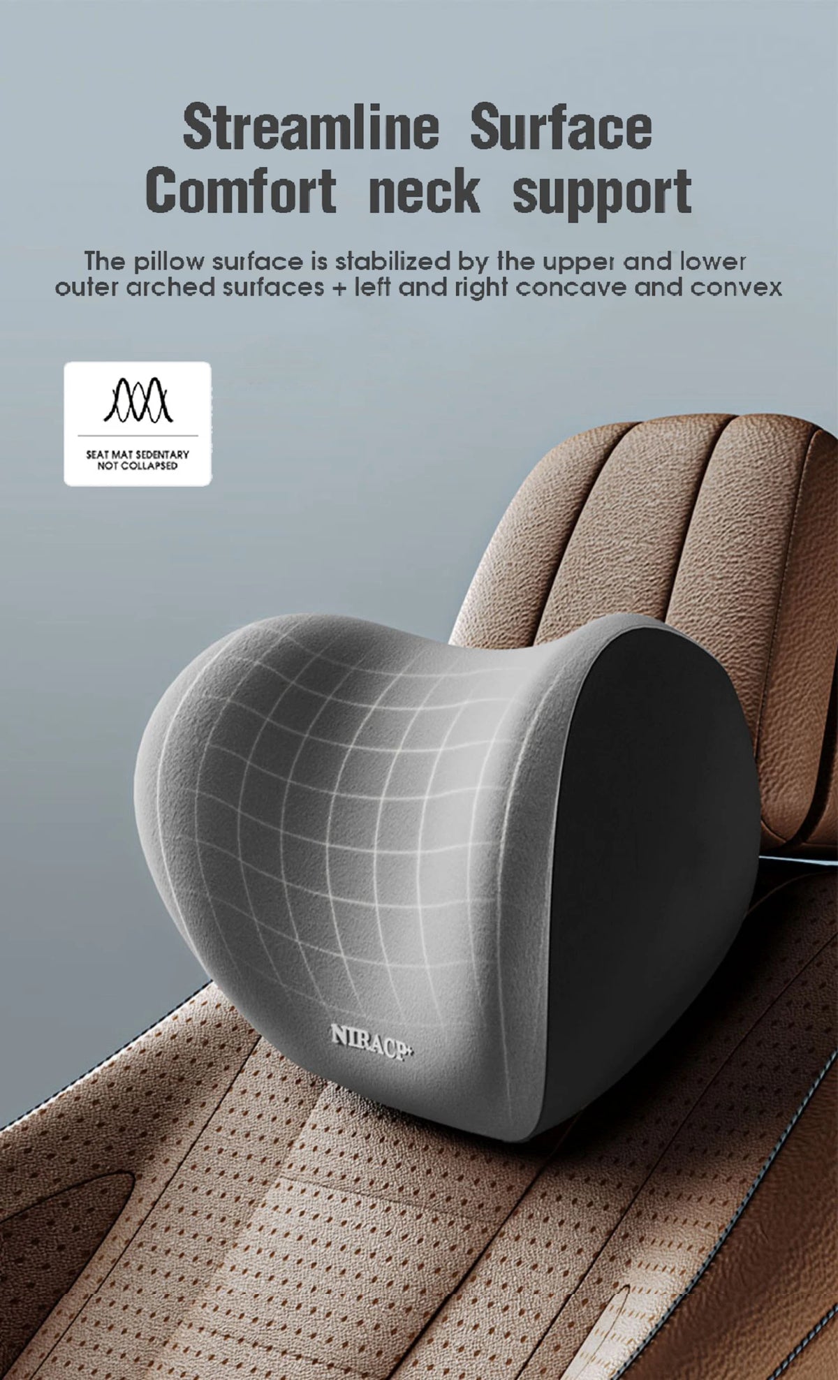Close-up of a gray memory foam neck support pillow designed for streamline comfort in a car headrest.