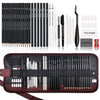 A complete drawing sketch kit featuring graphite and charcoal pencils, erasers, and tools organized in a dark brown leather c