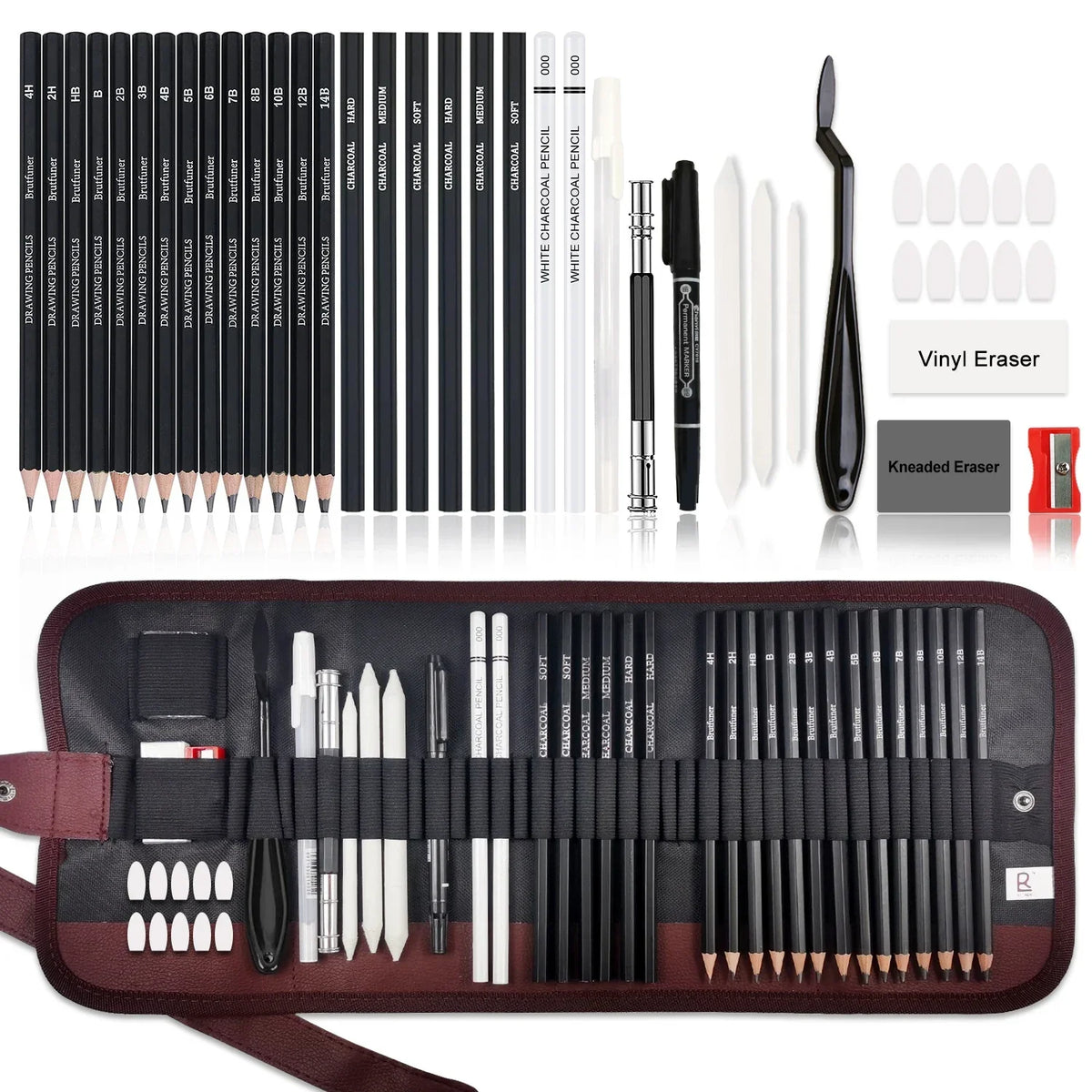 A complete drawing sketch kit featuring graphite and charcoal pencils, erasers, and tools organized in a dark brown leather c