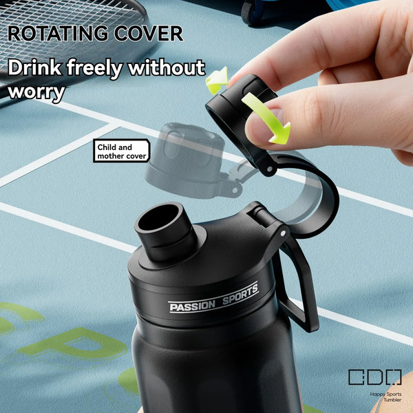 A hand is rotating a black vacuum-insulated water bottle cover designed to protect children and mothers while drinking.