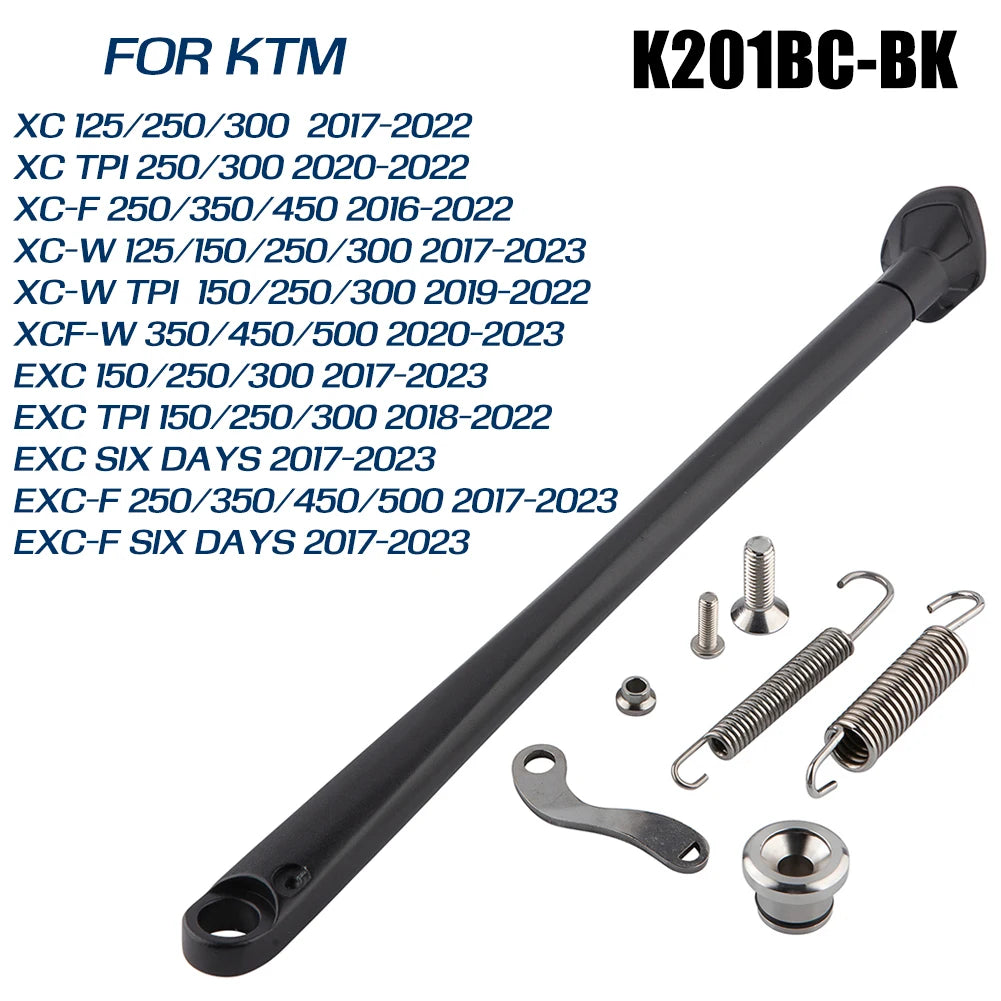 KTM side stand kit with ABS foot featuring a black metal rod and various mounting hardware.