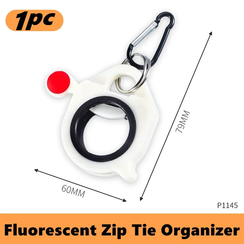 A white fluorescent zip tie organizer with a metal clip is shown against a white background.